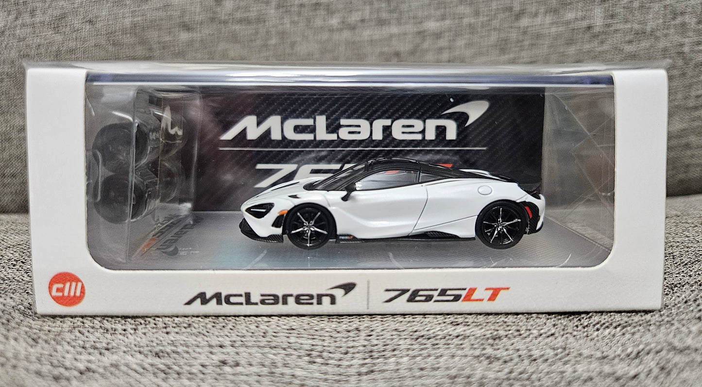 CM MODEL McLaren 765LT White with Carbon Fiber Hood Decal 1/64