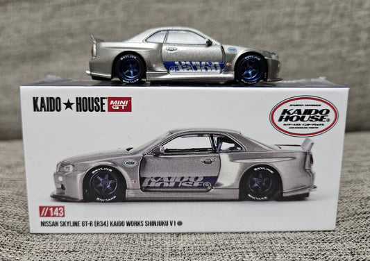 Kaido House x Mini GT 1:64 Nissan GT-R (R34) Kaido Works SHINJUKU V1 Silver #143